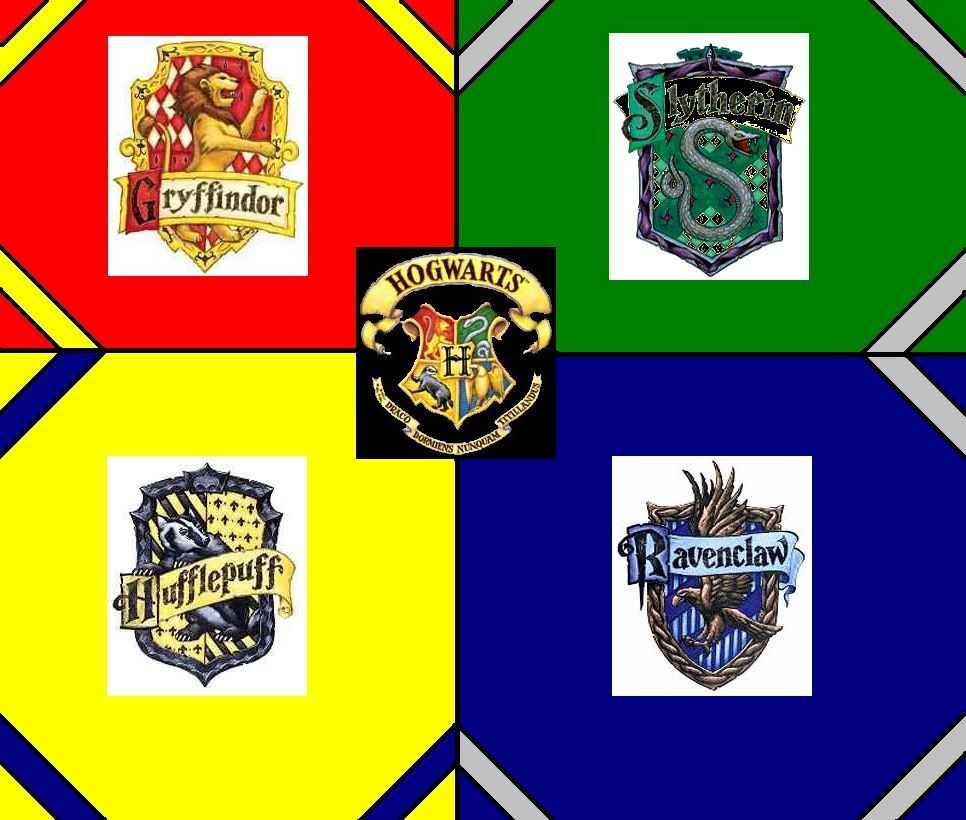 Hogwarts, Gryffindor, Slytherin, Hufflepuff, And Ravenclaw Crests Photo